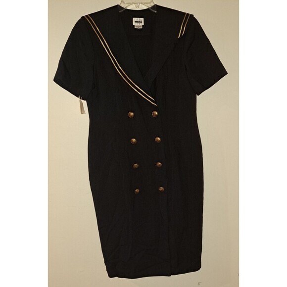 Vintage Leslie Fay Black Gold Trim Front Button Sheath Sailor Style Dress Sz 12 - Picture 1 of 7